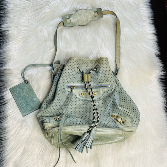 Balenciaga Handbags - Balenciaga Pale Blue Arena Cross Pampille Bag